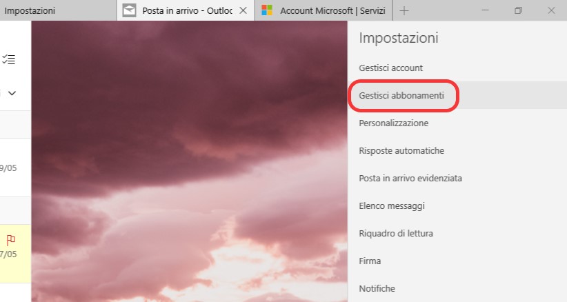 Posta e Calendario app Windows nuova voce Impostazioni Gestione abbonamenti