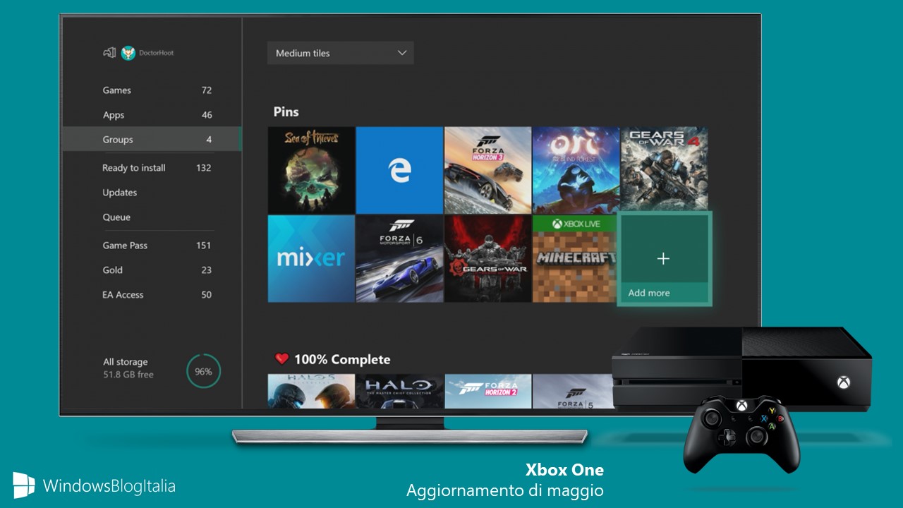 Aggiornamento Xbox One maggio raggruppamento app giochi