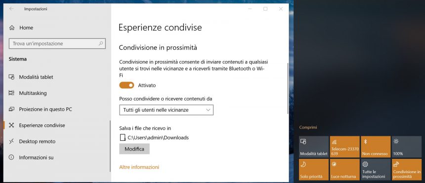 Condivisione in prossimità Windows 10 Impostazioni