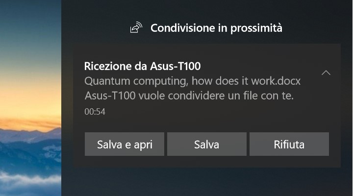 Condivisione in prossimità Windows 10 file ricevuto