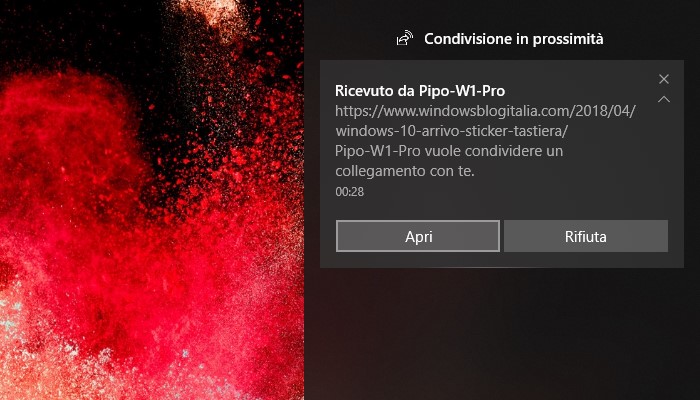 Condivisione in prossimità Windows 10 pagina web ricevuta