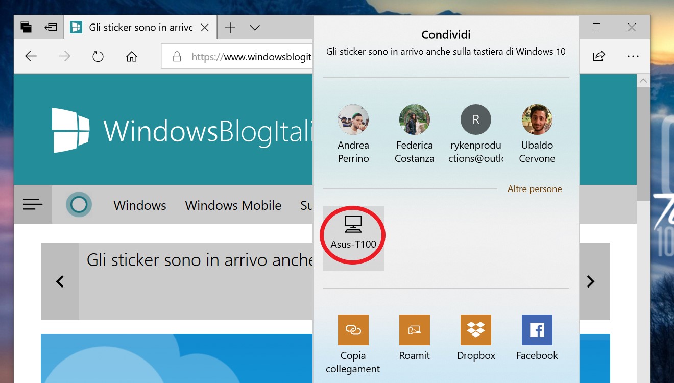 Condivisione in prossimità Windows 10 pagina web