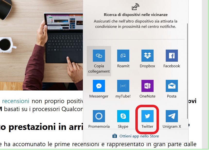 Twitter PWA menu Condividi Windows 10