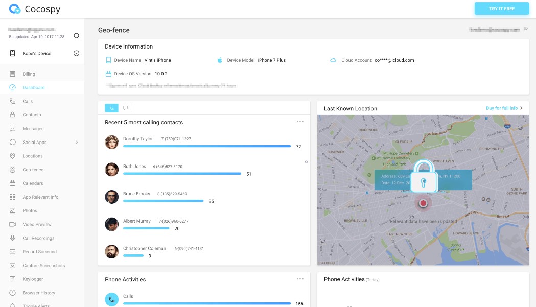 Cocospy tracker dashboard