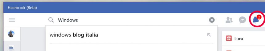 Facebook (Beta) Windows 10 nuovo design barra ricerca pulsante notifiche