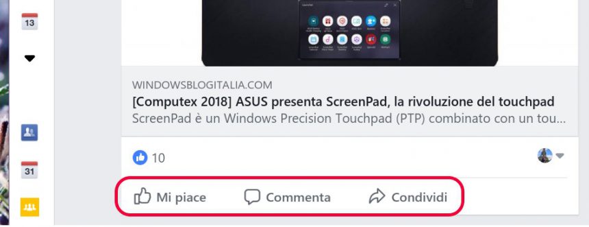 Facebook (Beta) Windows 10 nuovo design mi piace commenta condividi