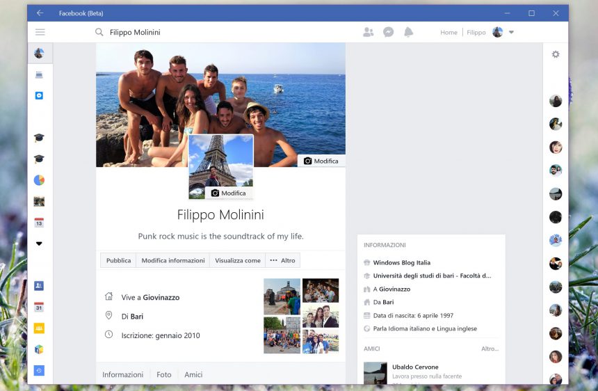 Facebook (Beta) Windows 10 nuovo design pagina profilo