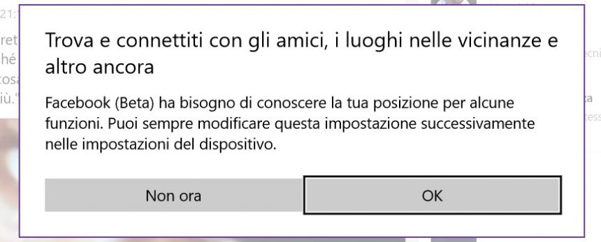 Facebook (Beta) Windows 10 nuovo dialog amici nelle vicinanze