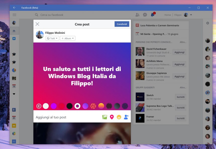 Facebook (Beta) Windows 10 temi nuovo post