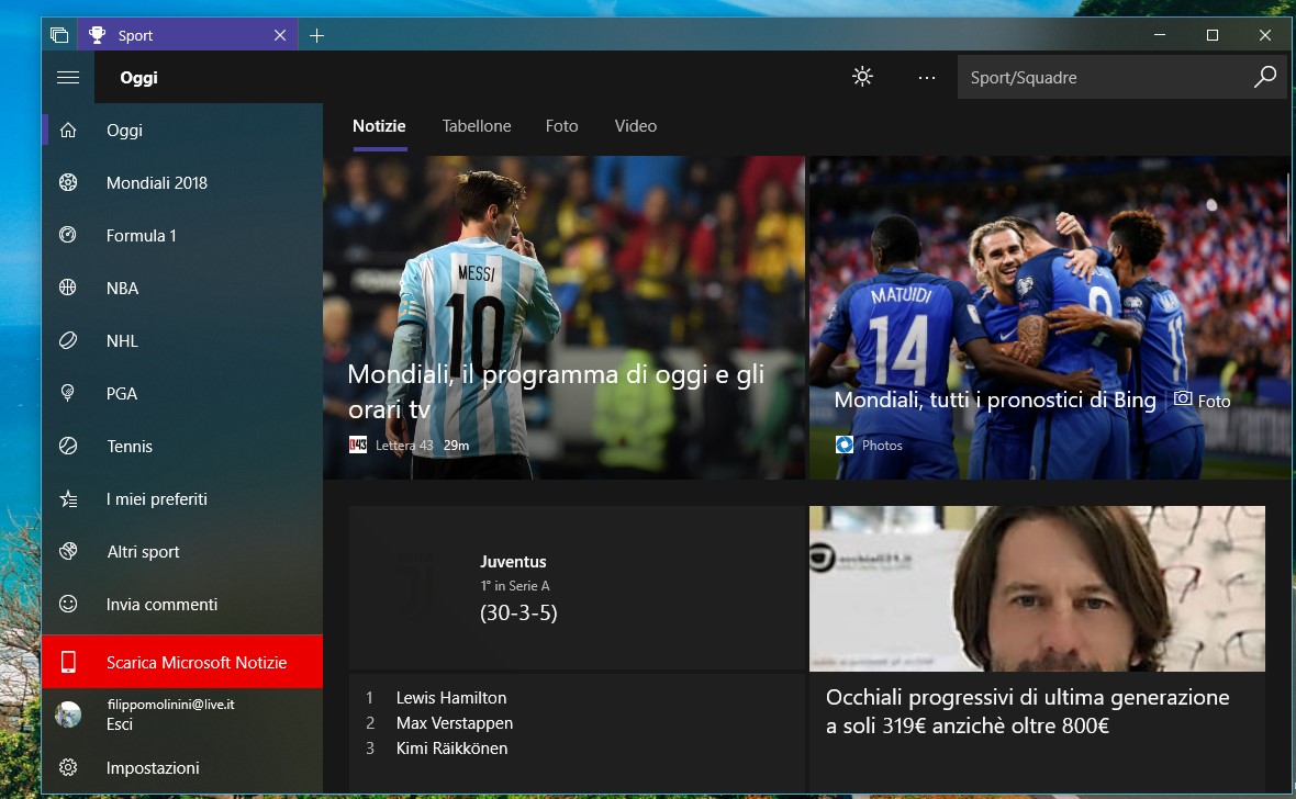 MSN Sport app Windows 10 Fluent Design