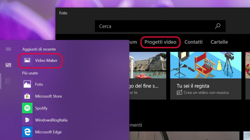 Microsoft Foto per Windows 10 Video Maker Progetti video