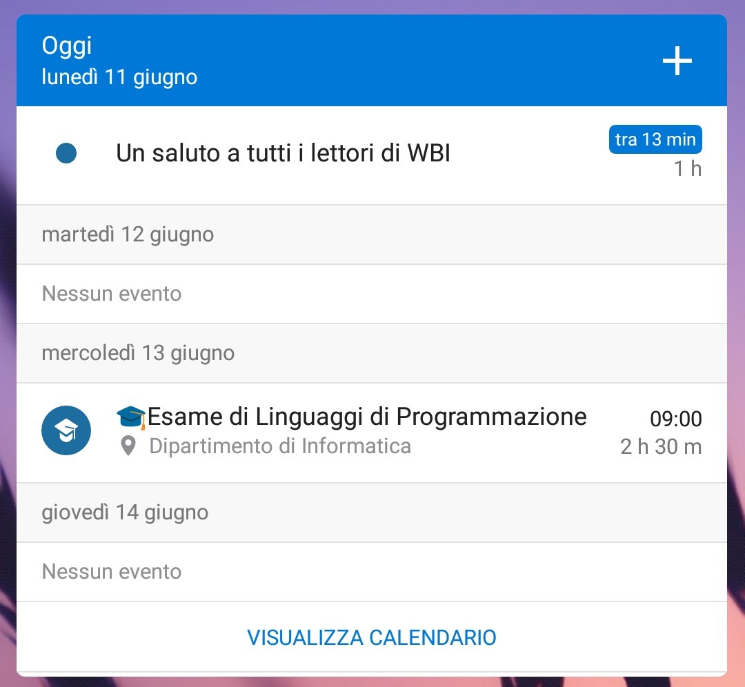 Microsoft Outlook per Android nuovo widget agenda