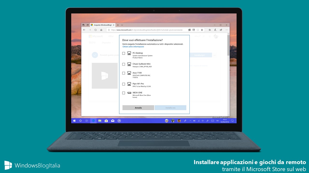 Microsoft Store web installazione app giochi remoto dispositivi Windows 10