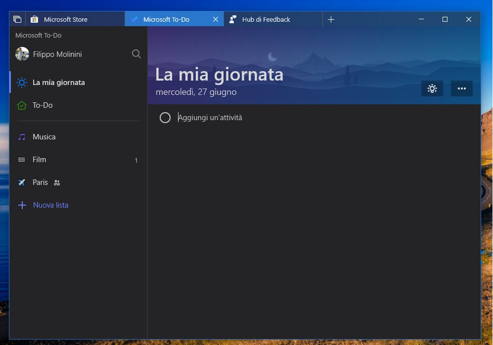 Microsoft To-Do Windows 10 tema scuro