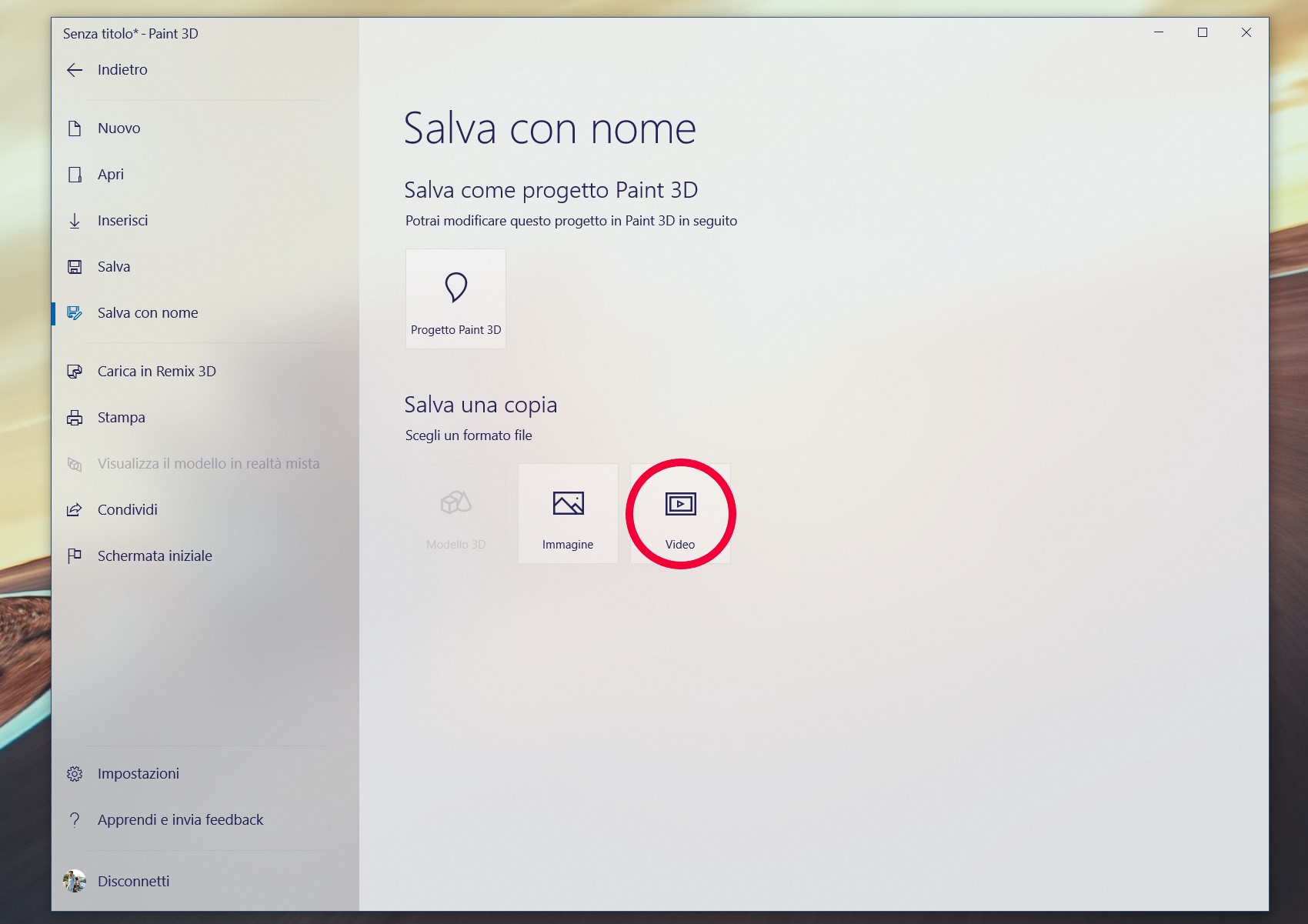 Paint 3D salva come video Windows 10