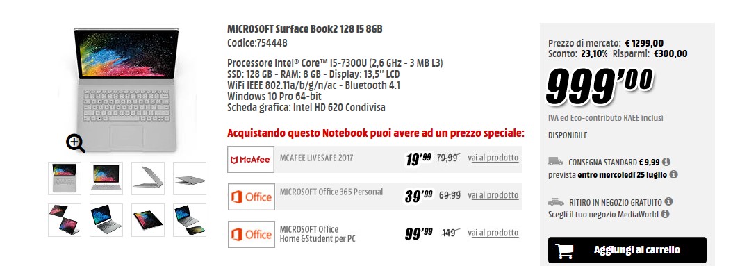 MediaWorld offerta Microsoft Surface Book 2