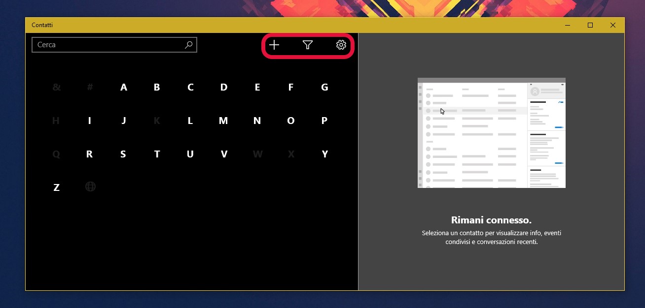 Contatti Microsoft nuova ui no menu hamburger