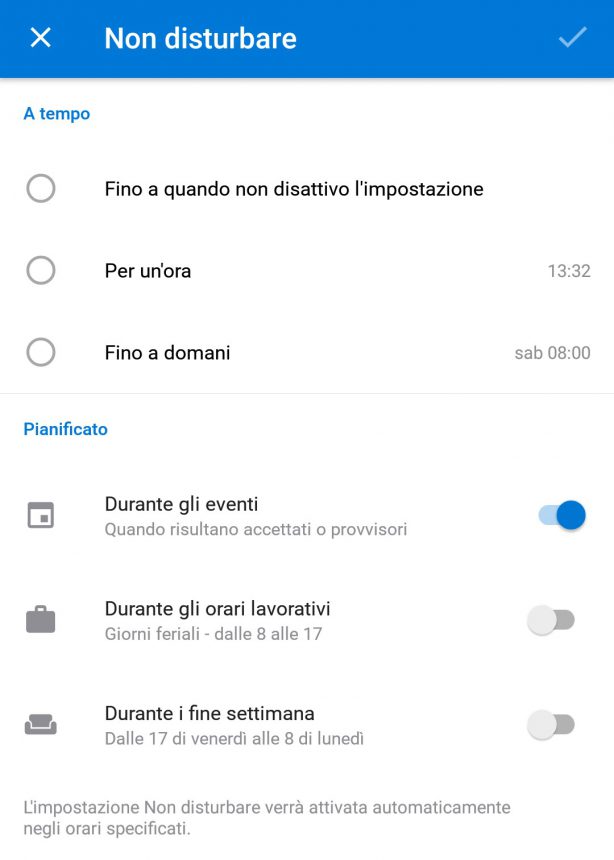 Microsoft Outlook per Android modalita Non disturbare