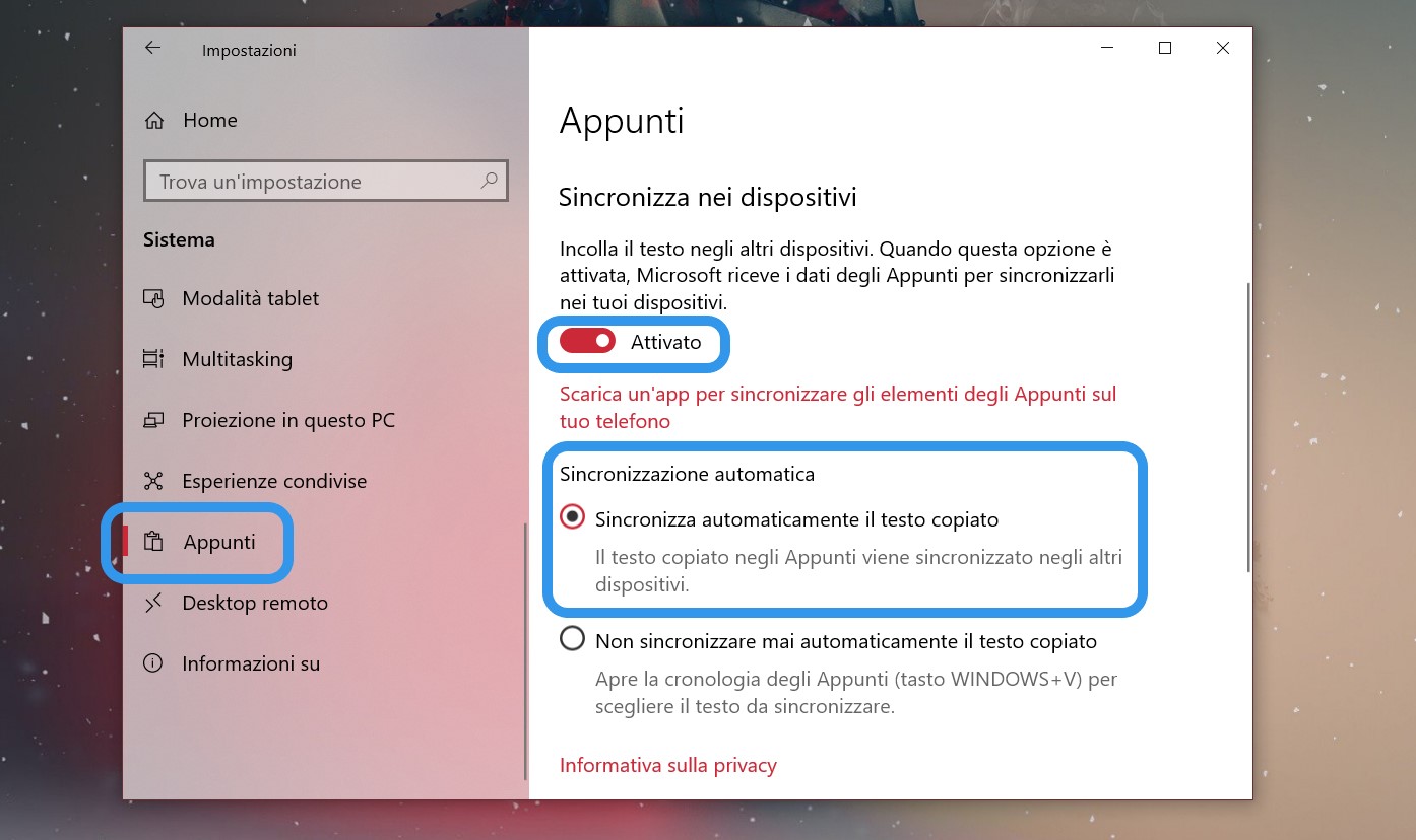 Appunti sincronizzati abilitare Impostazioni Windows 10