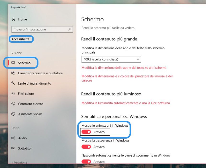 Disattivare animazioni Windows 10