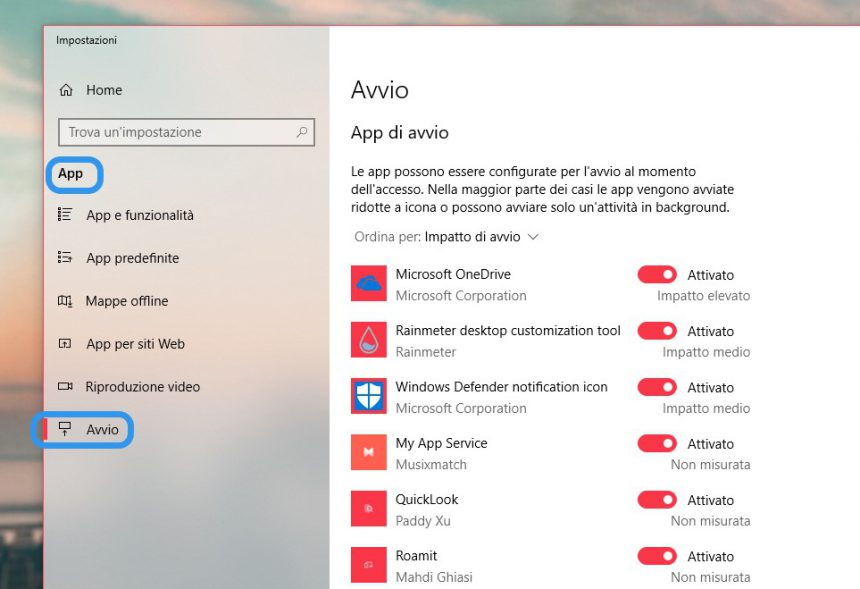Disattivare app programmi avvio automatico Windows 10