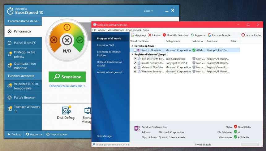 Disattivare app programmi avvio automatico Windows 10 Auslogics BoostSpeed 10