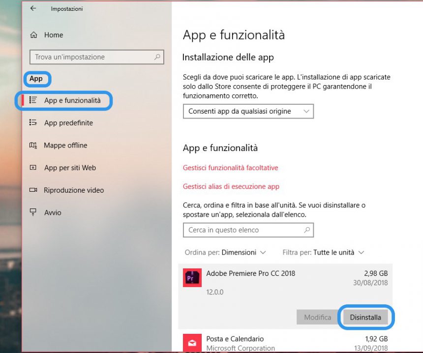Disinstallare app programmi inutilizzati Windows 10