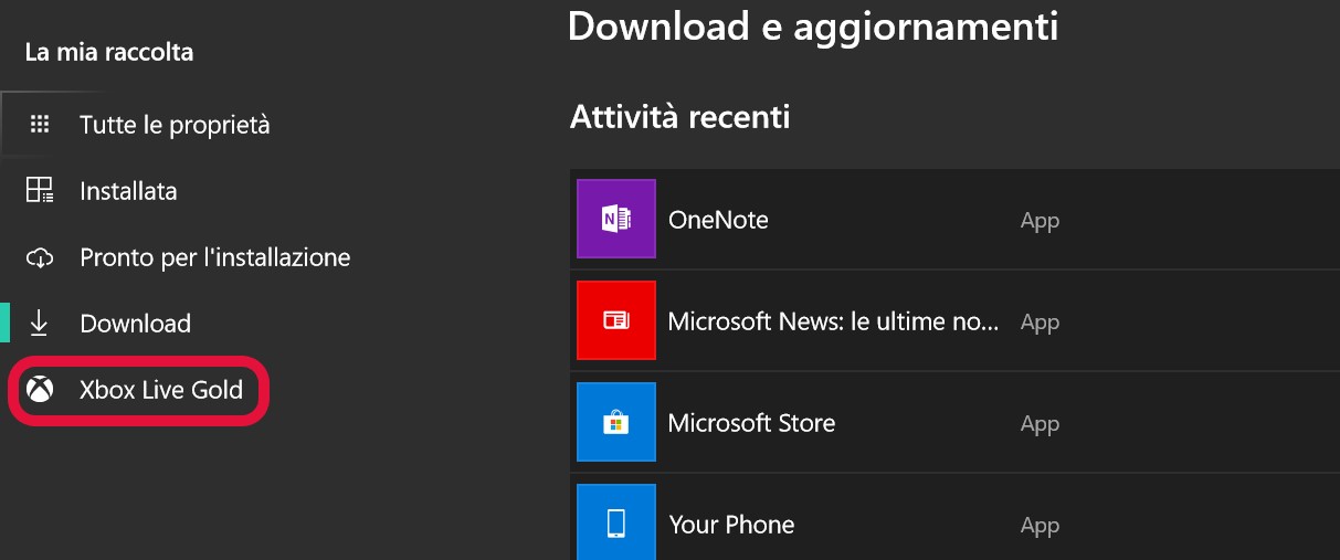 Microsoft Store Windows 10 sezione abbonamenti Xbox Live Gold