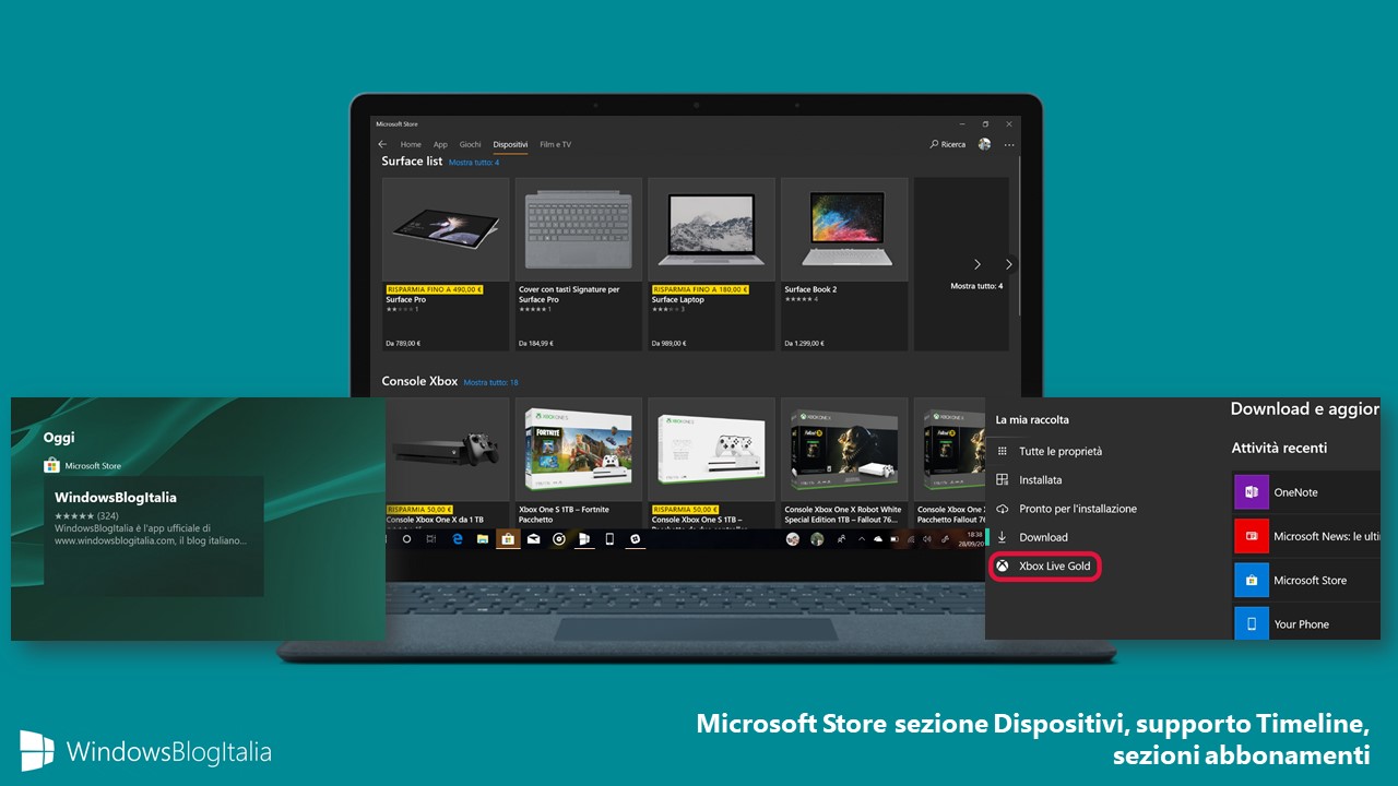 Microsoft Store sezione Dispositivi Italia Timeline Sequenza temporale sezioni dedicate abbonamenti Xbox Live Gold