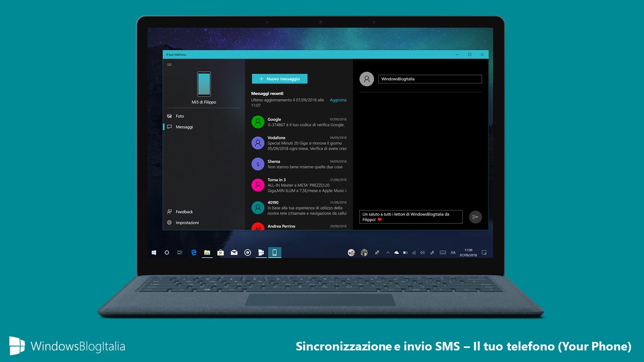 Sincronizzazione e invio SMS messaggi Your Phone Windows 10