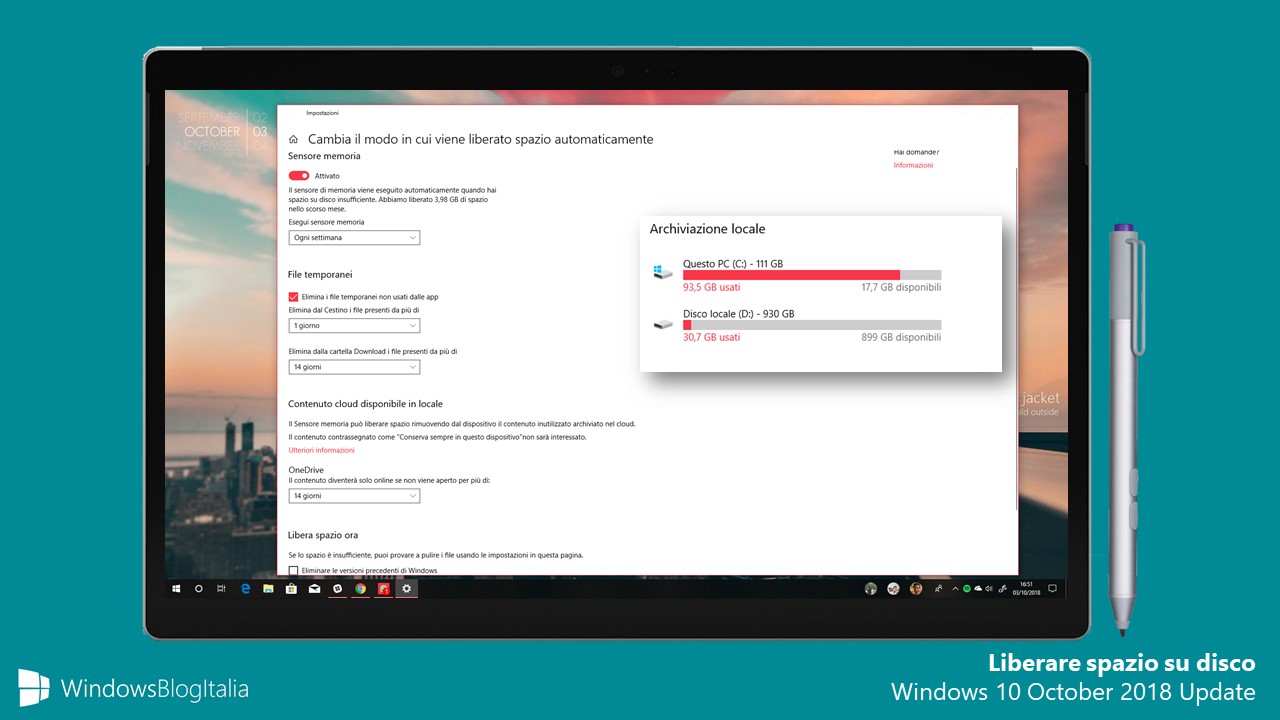 Liberare spazio disco Windows 10 October 2018 Update