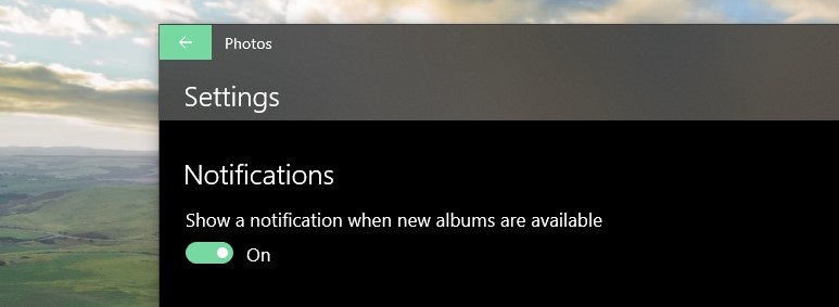 Microsoft Foto impostazioni opzioni notifiche nuovi album
