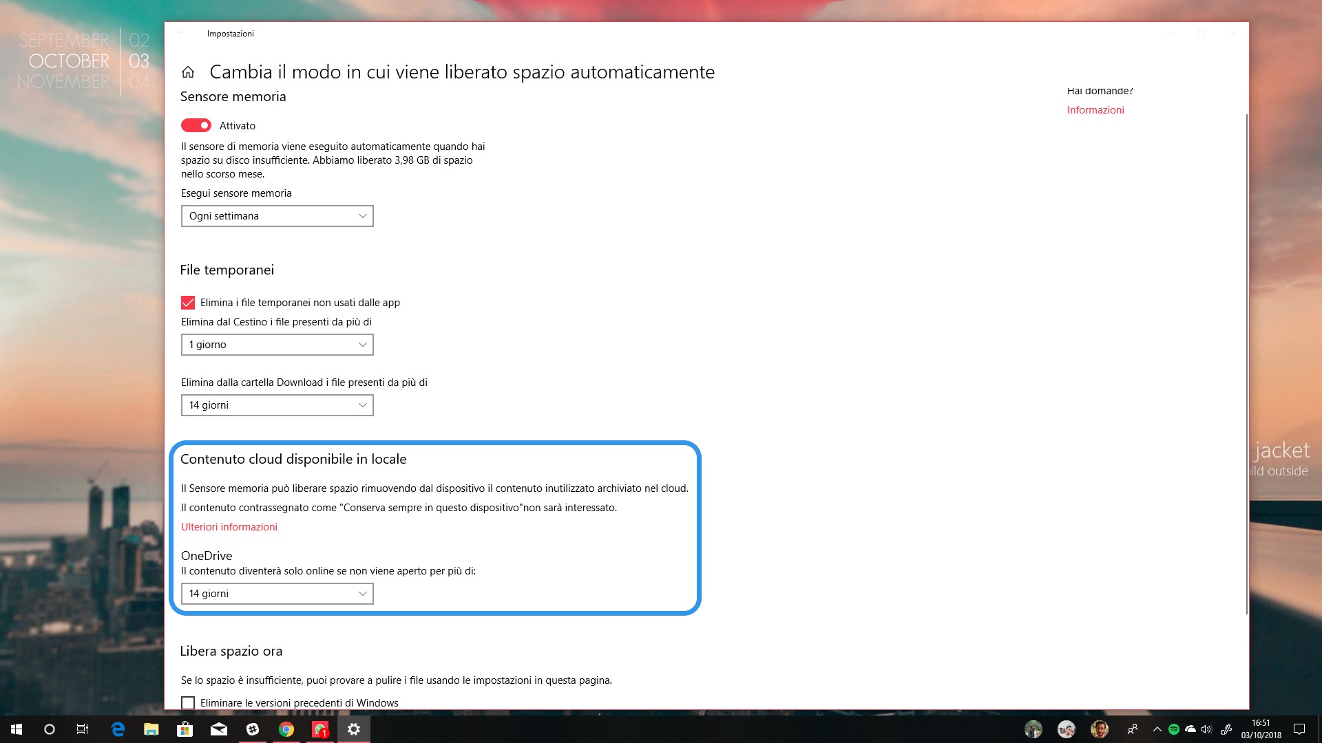 Sensore memoria Windows 10 October 2018 Update contenuto cloud