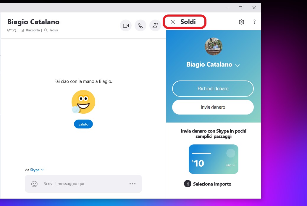 Skype Windows 10 invio soldi PayPal