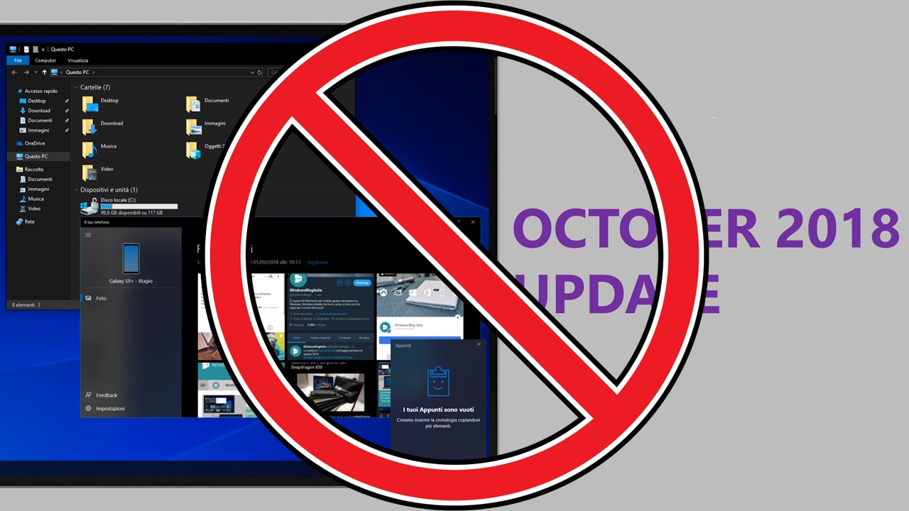 Stop aggiornamento Windows 10 October 2018 Update problemi bug