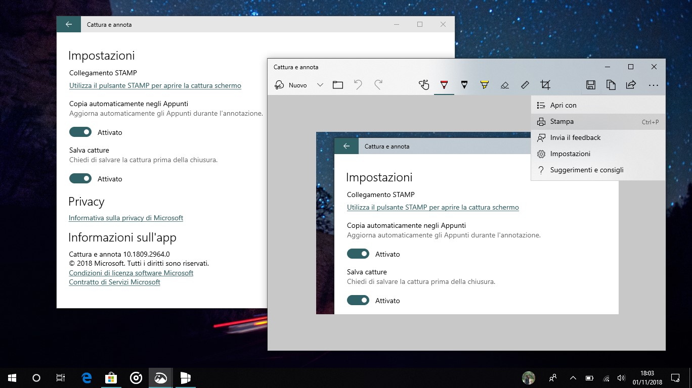 Cattura e annota Windows 10 impostazioni app Stampa