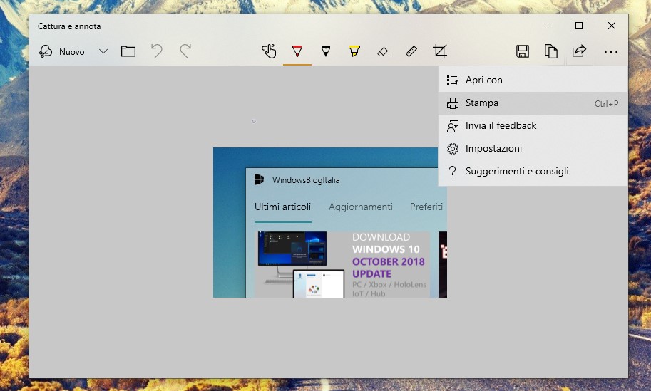 Cattura e note Windows 10 impostazioni stampa salva come
