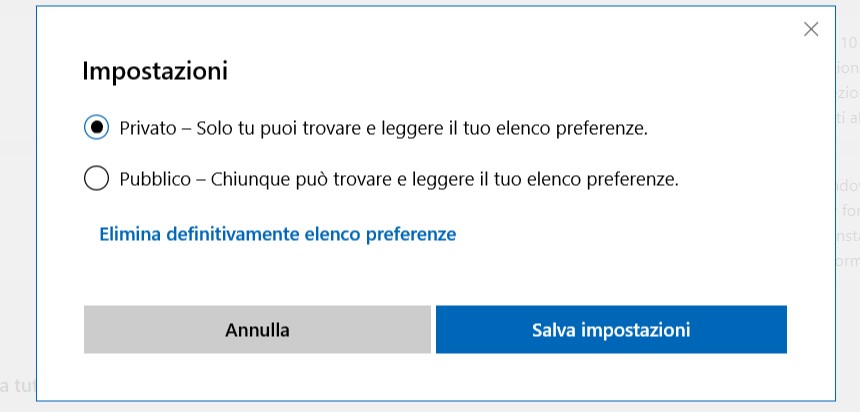 Elenco preferenze wishlist Microsoft Store privato pubblico