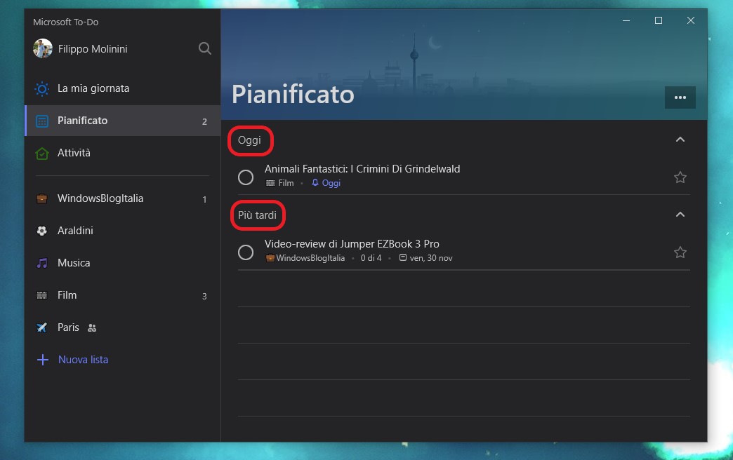 Microsoft To-Do Windows 10 suddivisione lista pianificato