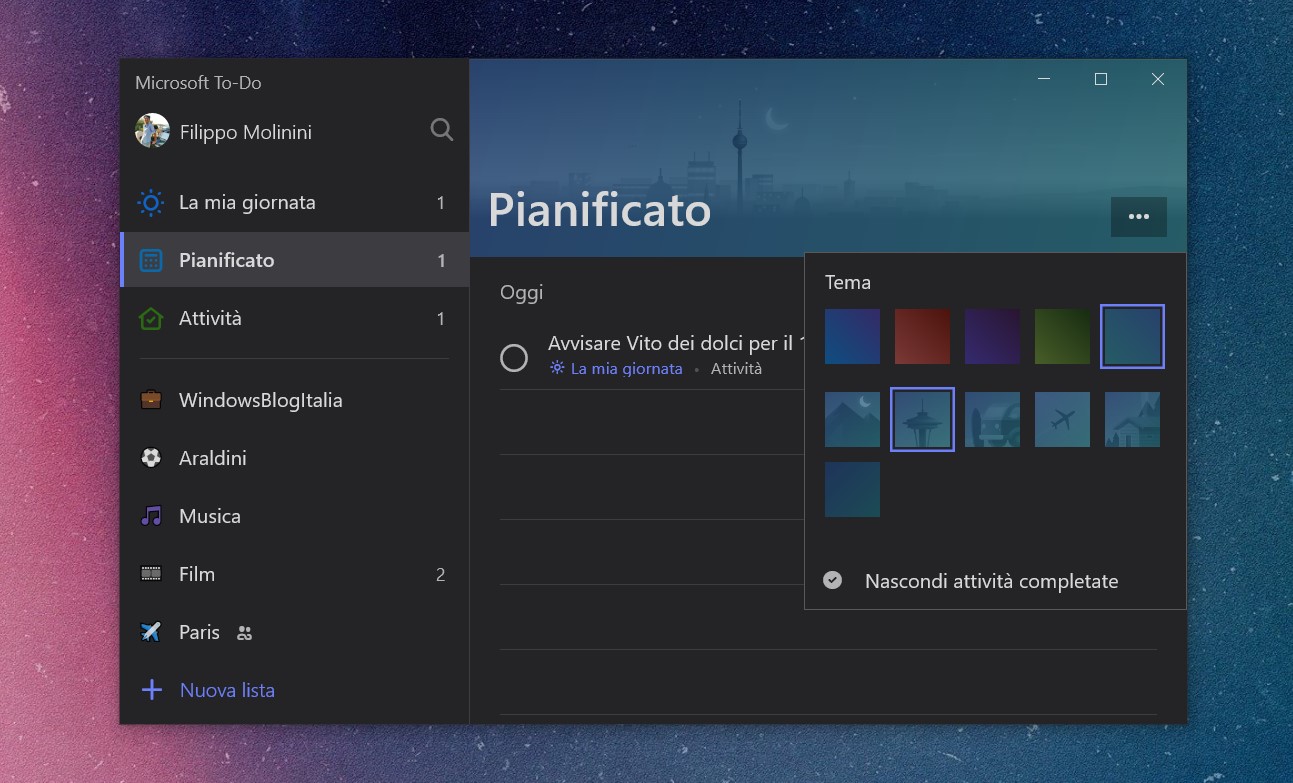 Microsoft To-Do Windows 10 temi lista Pianificato