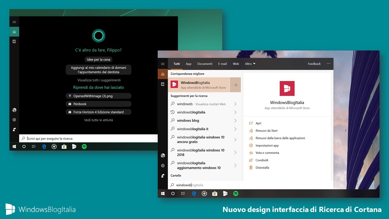 Nuova interfaccia ricerca Cortana Windows 10 19H1