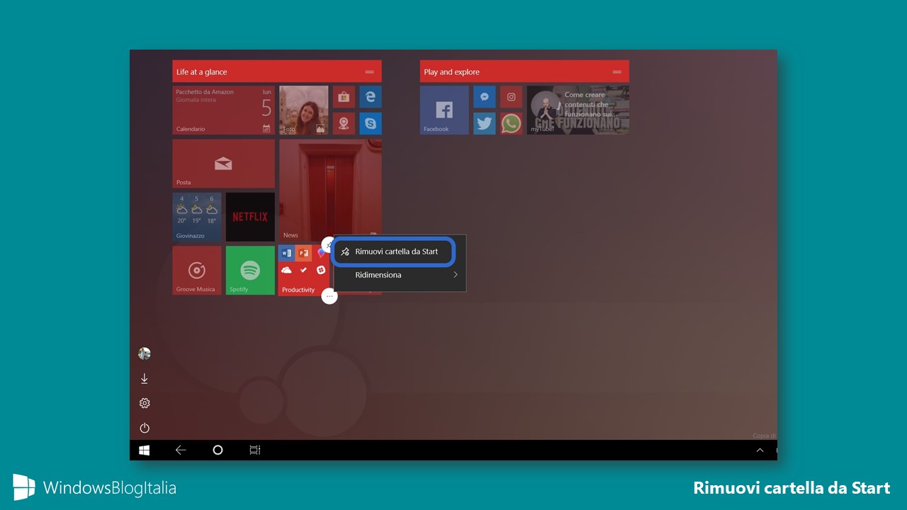 Rimuovi cartella app menu Start Windows 10