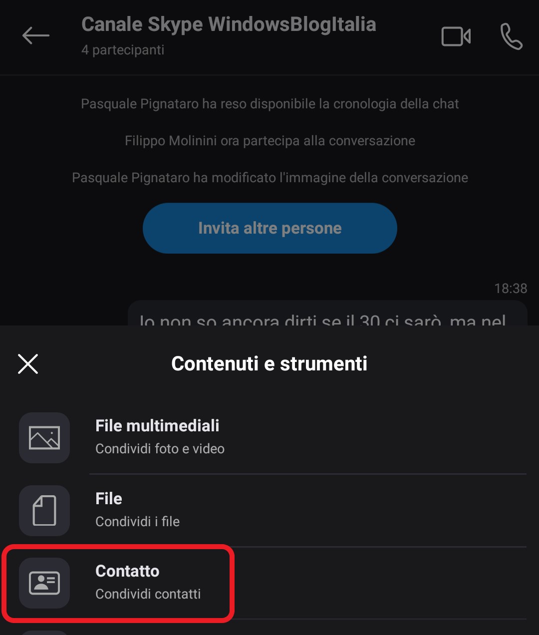 Skype Android condivisione contatto