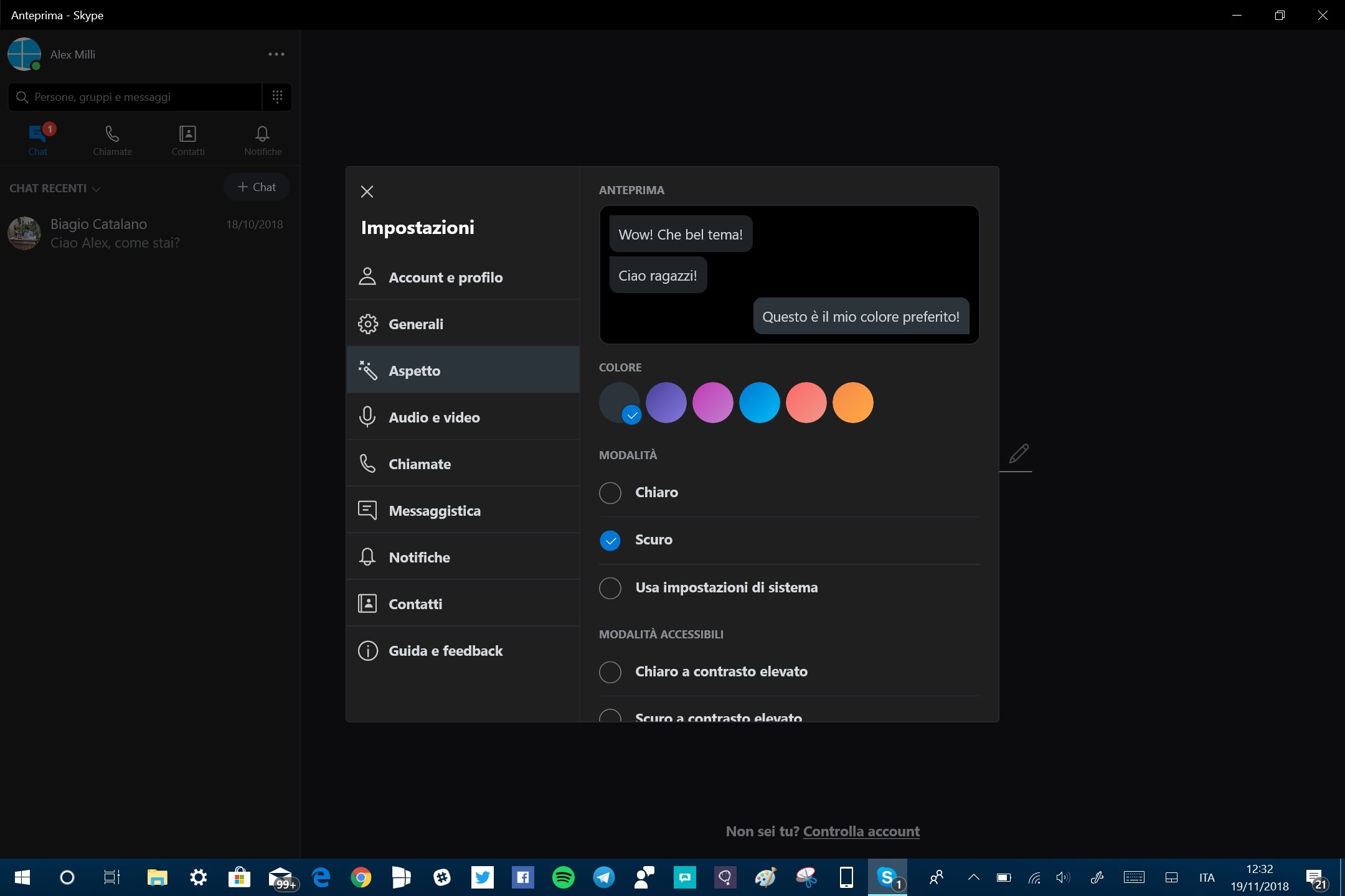 Skype Preview Windows 10 nuove impostazioni tema colore