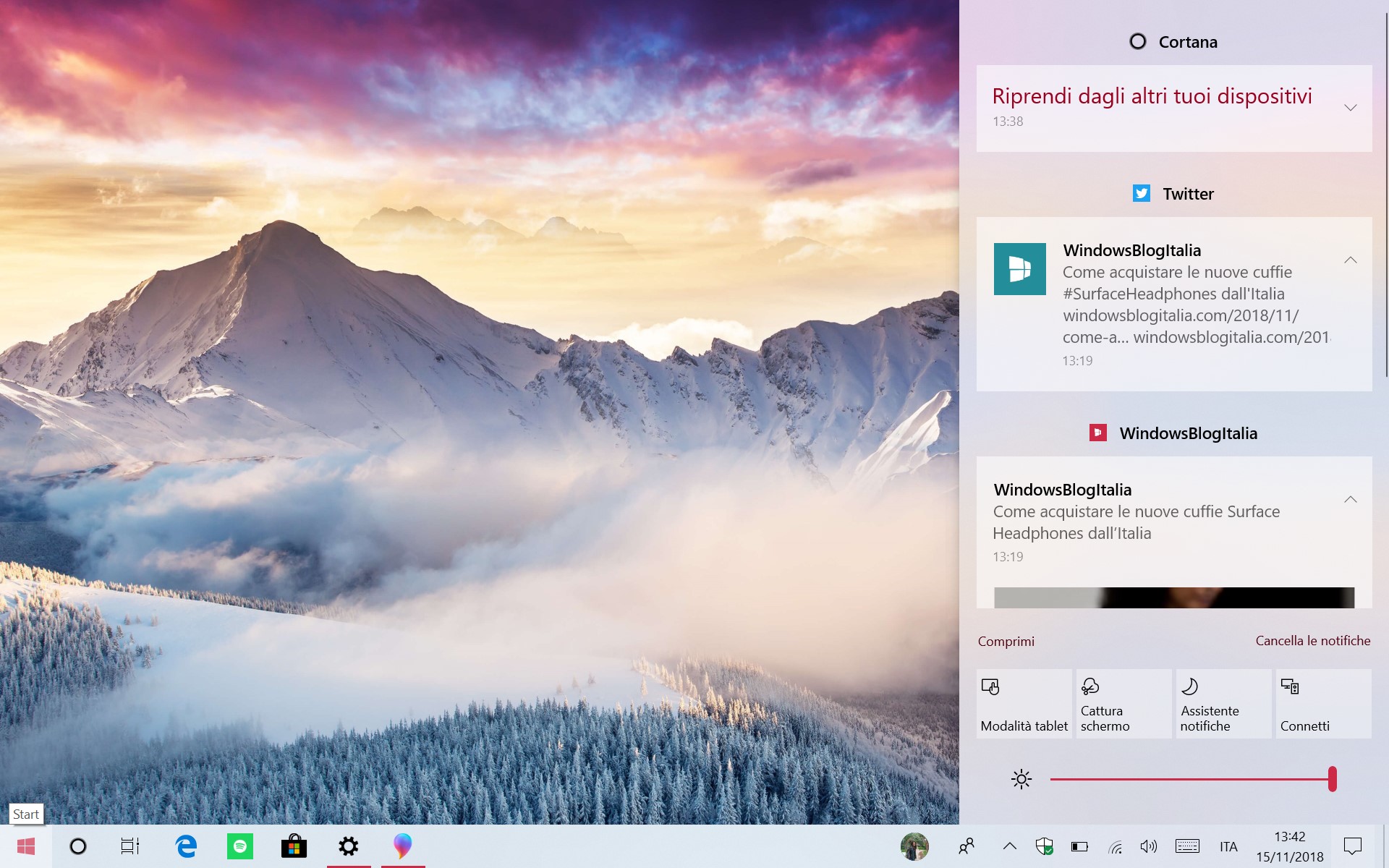 Windows 10 tema chiaro centro notifiche