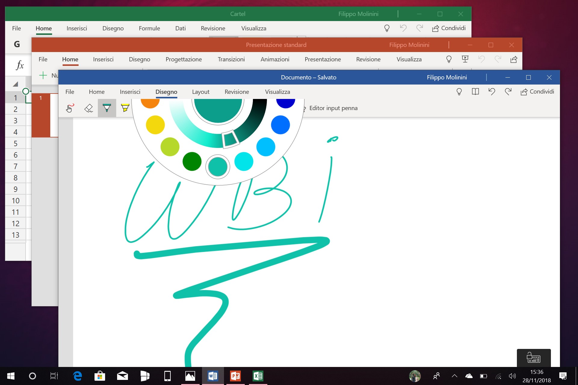 Word PowerPoint Excel Mobile nuovo selettore colore input penna app Windows 10