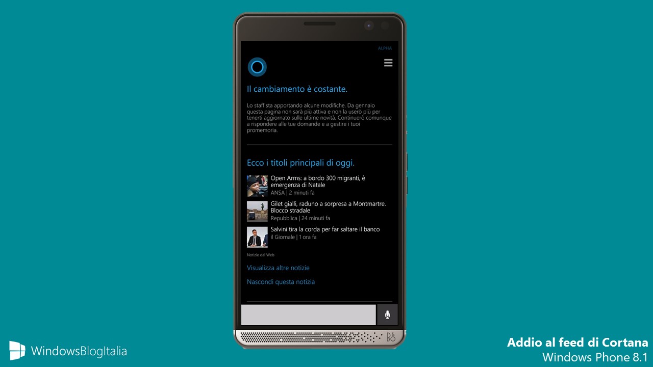 Addio newsfeed Cortana Windows Phone 8.1