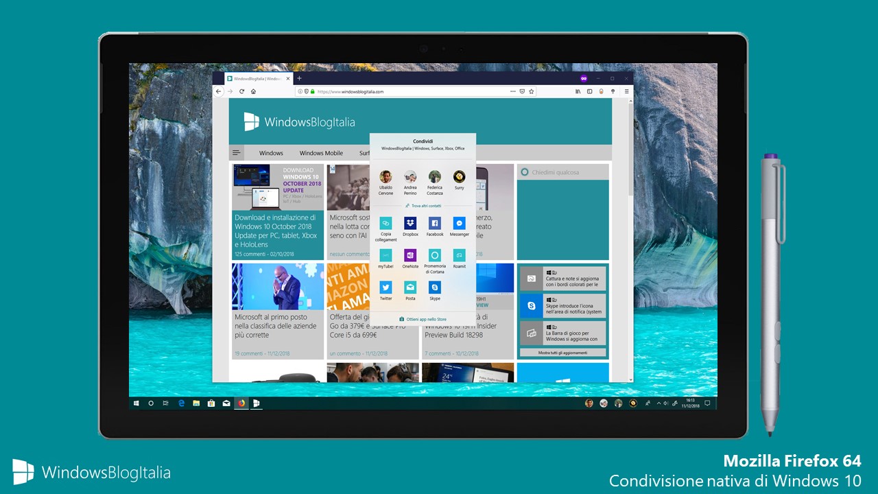 Condivisione nativa Windows 10 Mozilla Firefox 64