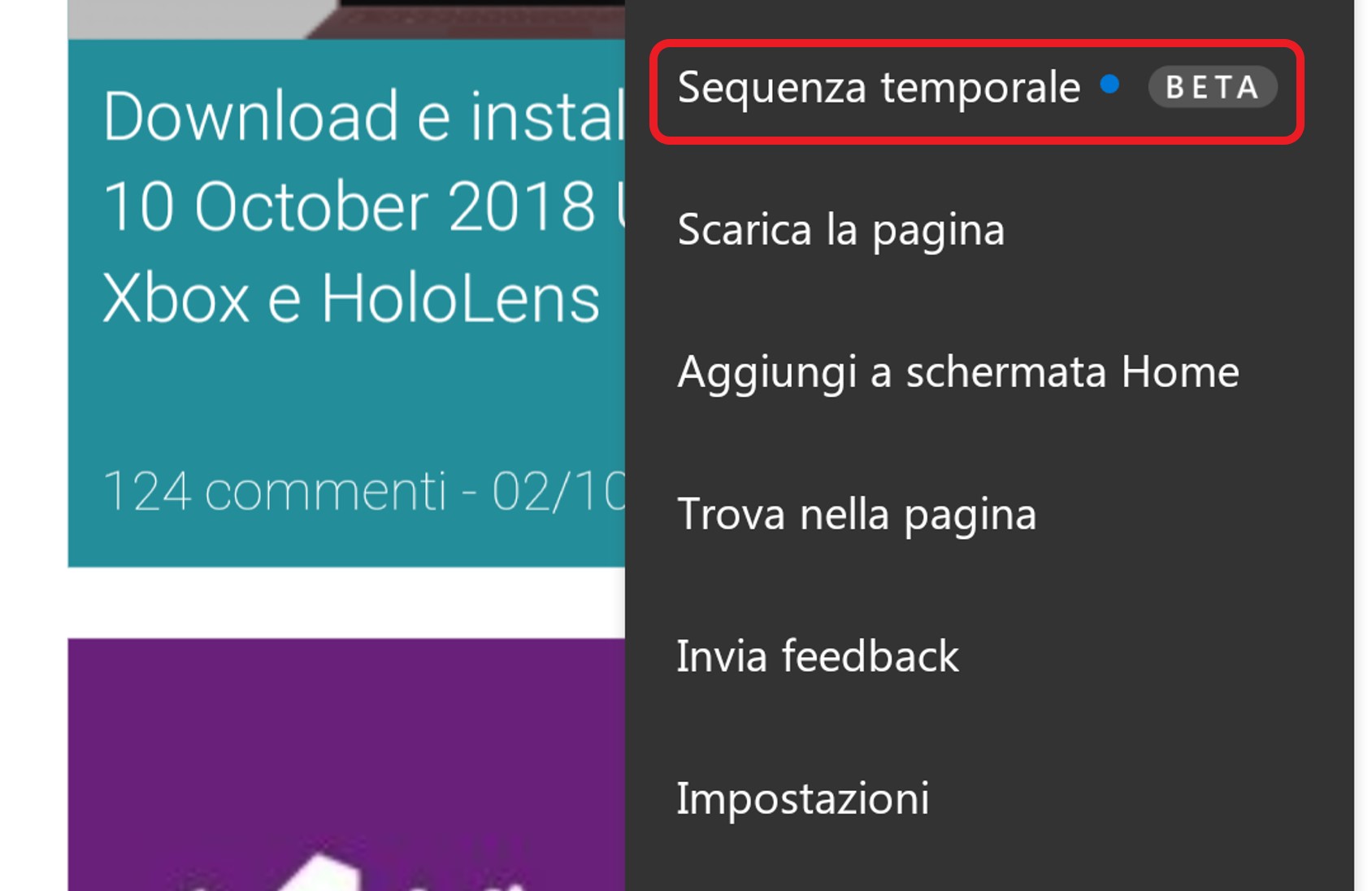 Microsoft Edge beta Android Sequenza temporale menu