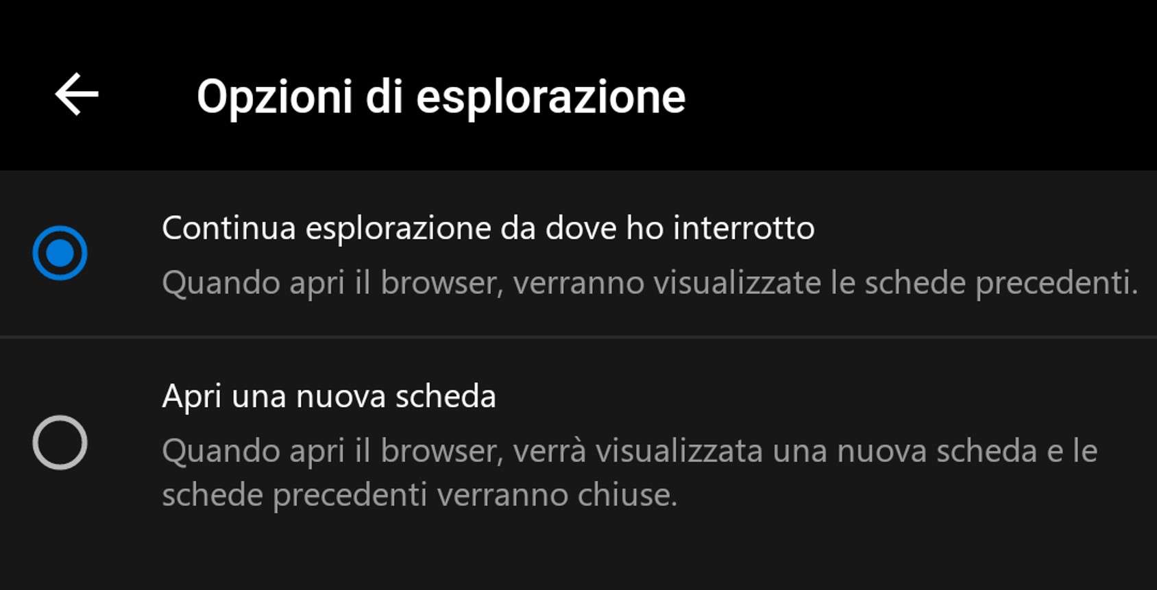 Microsoft Edge beta Android opzioni esplorazione